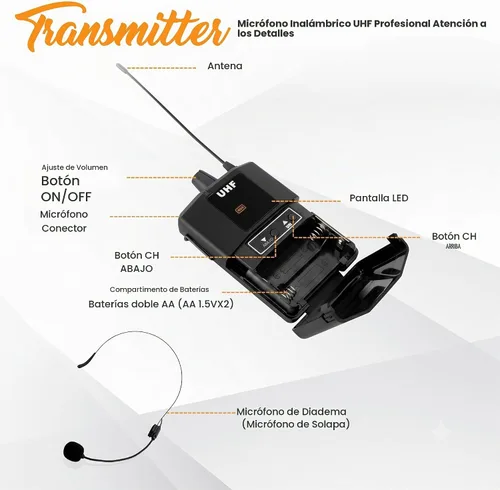Vista 5 de Kit de sistema de micrófono inalámbrico UHF - Juego de micrófono inalámbrico profesional portátil con micrófono de auriculares, micrófono de solapa