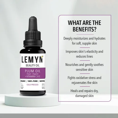 Vista 3 de Lemyn Organics Aceite facial de grano de ciruela, sobrealimentado con vitamina C y E, recién hecho, hidratación y brillo lujosos, orgánico