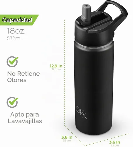 Vista 5 de SIPX™ Botella de Agua Aislada de 18 oz con 3 Tapas – Acero Inoxidable a Prueba de Fugas, Triple Aislamiento – Frío 24 Horas/Caliente 12 Horas – Negro