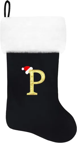 Vista 65 de Calcetines de Navidad bordados de 20 pulgadas con monograma, terciopelo negro con puño de felpa blanca supersuave, adornos clásicos para decoración