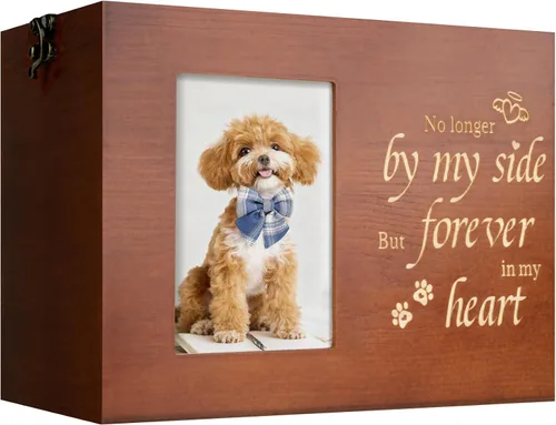 Vista 10 de Urnas para mascotas para perros o gatos cenizas con marco de fotos, caja de memoria de madera para recuerdos con franela negra como forro, regalos