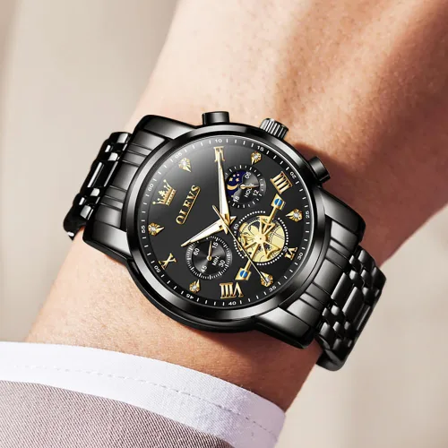 Vista 5 de OUPINKE Mens Watches Fashion Sport WristWatches Multifunction Chronograph Analog Quartz Luminous Waterproof Calendar Stainless Steel Bracelet
