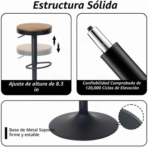 Vista 5 de Kidol & Shellder - Juego de 2 taburetes de bar ajustables giratorios sin espalda, modernos y redondos de madera, sillas de barra de altura sin