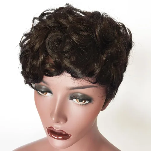 Vista 3 de Peluca de cabello humano con corte Pixie, pelucas cortas rizadas naturales para mujeres negras, pelucas de cabello humano corto marrón natural de 4