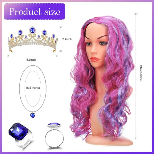 Vista 2 de Conjunto de disfraz de princesa, peluca larga ondulada rosa y azul claro mixta con red para el cabello, corona de princesa azul rey, anillo