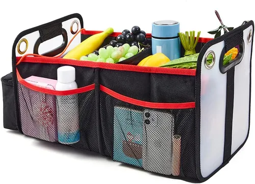 Vista 8 de COVAX Organizador de maletero de automóvil, almacenamiento plegable para asiento trasero con soporte aislado para bebidas, organizador de asiento