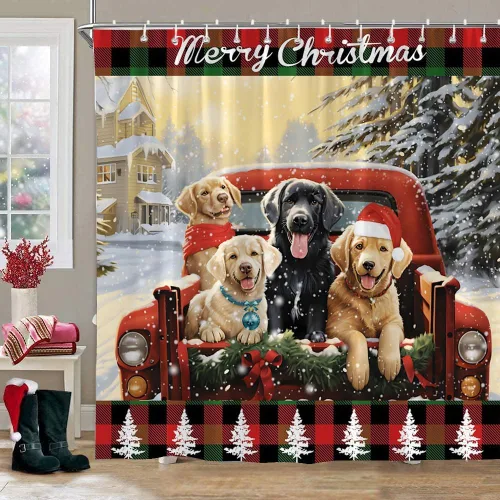 Vista 2 de Cortina de ducha de perros de Navidad, animales de granja, camión rojo, transportando lindos cachorros, familia, invierno, paisaje, nieve, Navidad