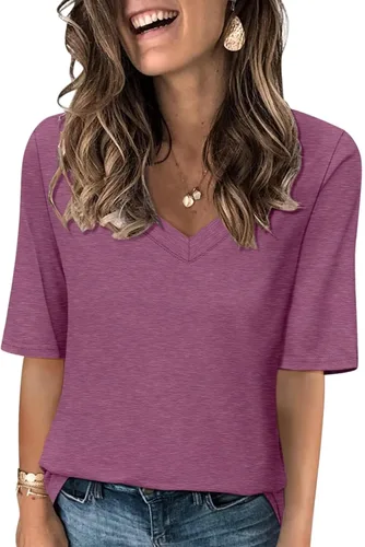 Vista 19 de Minetom Camisetas de verano básicas de media manga con cuello en V para mujer