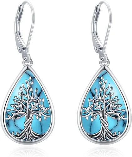 Vista 131 de Aretes colgantes de plata de ley con diseño de árbol de la vida, flor, abeja, animales, gato, colibrí, piedra lunar, turquesa, aretes con cierre