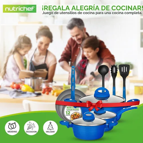 Vista 7 de NutriChef Juego de utensilios de cocina antiadherentes de 12 piezas, sin PFOA/PFOS, resistente al calor, juego de ollas y sartenes de cocina Azul