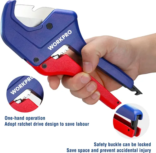 Vista 2 de WORKPRO Cortador de tubos de PVC con trinquete, hasta 1-5/8 pulgadas, cortador de tubos y tubos de plástico para mangueras de PEX, PVC, PPR