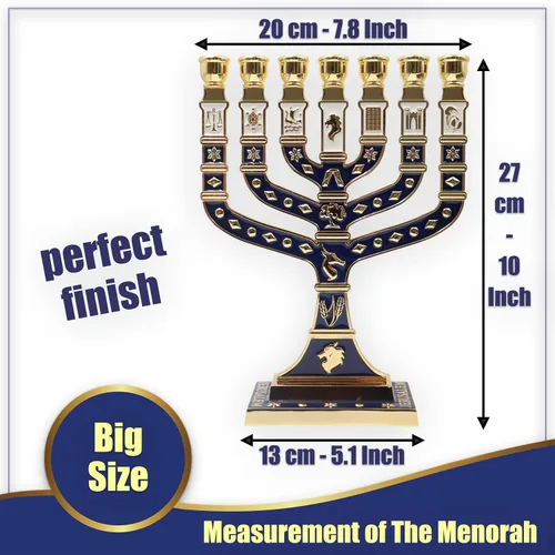 Vista 2 de Menorá de Esmalte Azul de Jerusalén de 7 Ramas, 10.8" de alto, con 12 Tribus de Israel, Portavelas (27.4 cm)