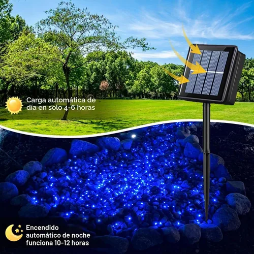 Vista 6 de QITONG Paquete de 2 tiras de luces solares azules para exteriores, impermeables, cada 33 pies, 100 luces LED de Navidad, 8 modos de cable verde