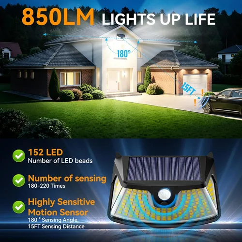 Vista 2 de Luz solar de movimiento de 152 LED para exteriores, 850LM súper brillante con sensor de movimiento de 3 modos, IP65 impermeable, luz de seguridad
