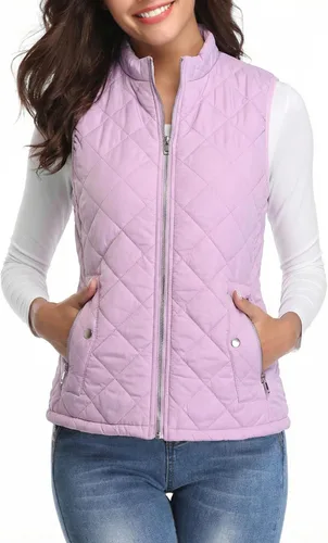 Vista 7 de Fuinloth Women's Quilted Vest Lightweight Puffer Stand Collar Zip Gilet Beige