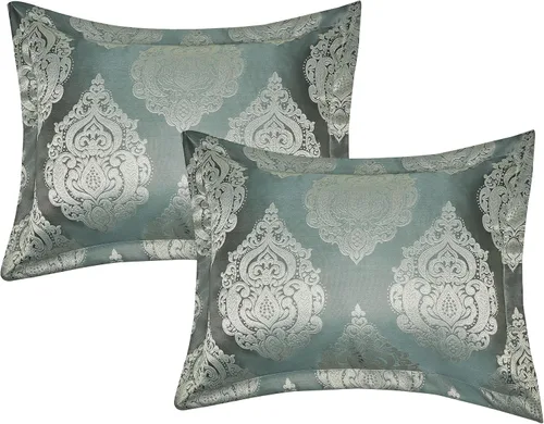 Vista 6 de Sterling Creek Trinity - Juego de edredón de lujo de 7 piezas, edredón tradicional de medallón jacquard gris y verde con cojines decorativos