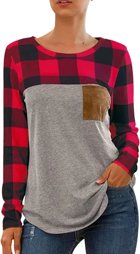 Vista 2 de Sudadera casual de manga larga para mujer, diseño de retazos a cuadros, holgada, con bolsillo de gamuza