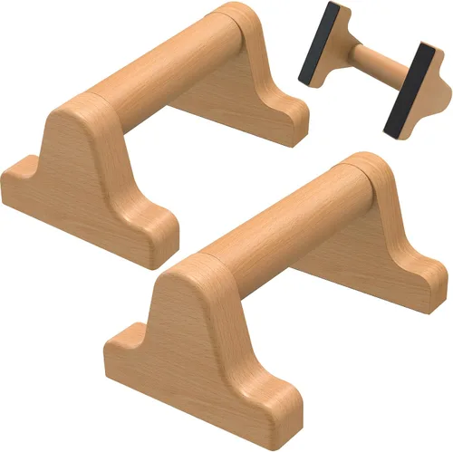 Vista 13 de SELEWARE Wood push up bars Parallettes bars Anti-slip Handstand Bars for Calisthenics, Fitness, Floor workouts Solid Wood with Sturdy Metal Bracket