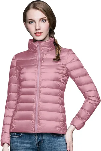 Vista 5 de Chaqueta acolchada plegable para mujer, ligera, de invierno, corta, de plumón, de pato, ajuste delgado, con cremallera, con capucha