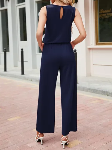 Vista 5 de Mokayee Sumemr - Overol de pierna larga y ancha para mujer, sin mangas, cuello redondo, con bolsillos