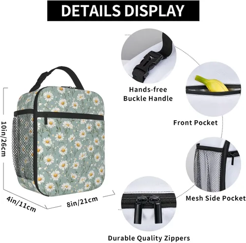 Vista 6 de Lonchera con diseño de margaritas para mujeres, niños, niñas y hombres, lonchera aislada, bolsa de almuerzo para adultos, bolsa de almuerzo
