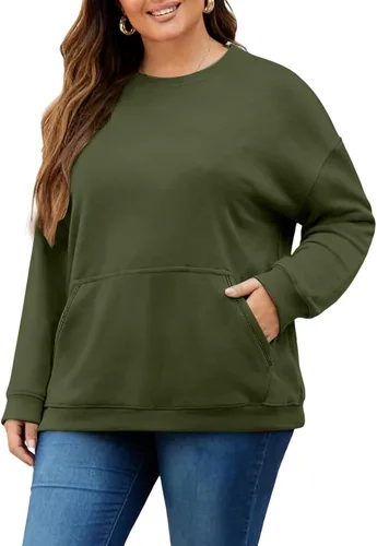 Vista 2 de Sudaderas de talla grande para mujer, sudadera casual de manga larga, color liso, cuello redondo, talla L-6XL