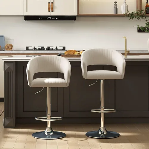 Vista 12 de Hyfirm Juego de 2 modernas sillas de bar de cocina con base cromada dorada, taburetes de bar giratorios ajustables con respaldo y reposapiés