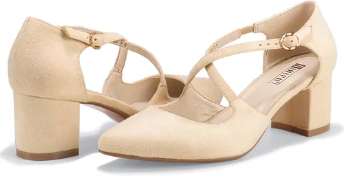 Vista 5 de IDIFU Lynn - Vestido de tacón bajo para mujer, con puntera cerrada, tacón grueso, correa cruzada, boda, fiesta, oficina, zapatos, 5