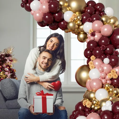 Vista 4 de Kit de guirnalda de arco de globos burdeos de 142 piezas con globos metálicos de oro rosa, granate y oro para decoraciones de cumpleaños, baby