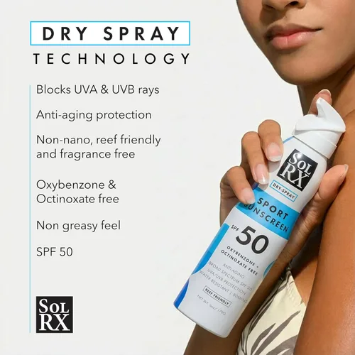 Vista 3 de SolRX SPORT SPRAY SPF 50 Protector solar, para rostro y cuerpo respetuosos con los arrecifes Boquilla multiángulo de 360 grados, diseñada para una