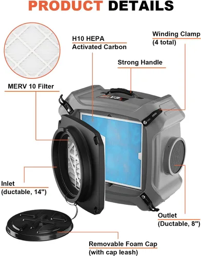 Vista 6 de Abestorm Depurador de aire con filtro MERV-10, filtro HEPA/carbón activado para uso comercial/industrial, máquina de filtro de aire negativo