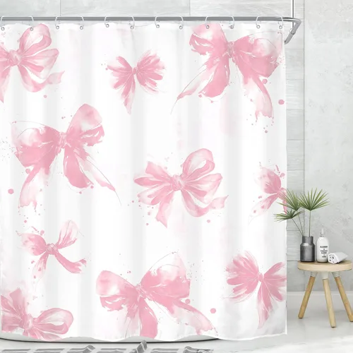 Vista 3 de MESHELLY Cortina de ducha con lazo rosa 72Wx72H Beige Femenino Lindo para B-rosa Blanco