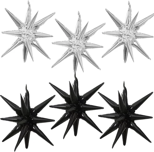 Vista 16 de 6 Globos de Papel de Aluminio con Forma de Estrella Negra de Una Pieza, Globo de Estrella de 14 Puntas 4D Cono Starburst de Mylar de 22 Pulgadas 22