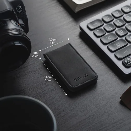 Vista 5 de VULKIT Clip magnético de cuero para dinero, portador de dinero, diseño minimalista con capacidad para hasta 15 billetes, Negro, Delgado