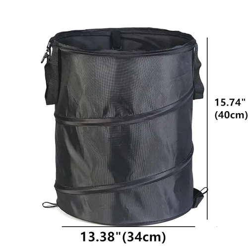 Vista 2 de Bote de basura plegable negro de 10 galones para acampar, al aire libre, viajes