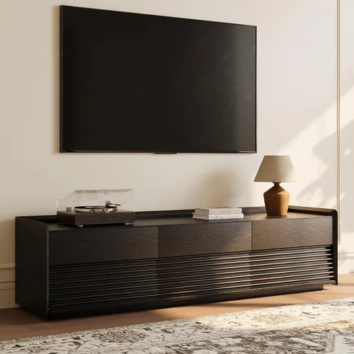 Vista 2 de POVISON Soporte de TV moderno de mediados de siglo totalmente ensamblado con luces LED ajustables, consola multimedia de madera, centro