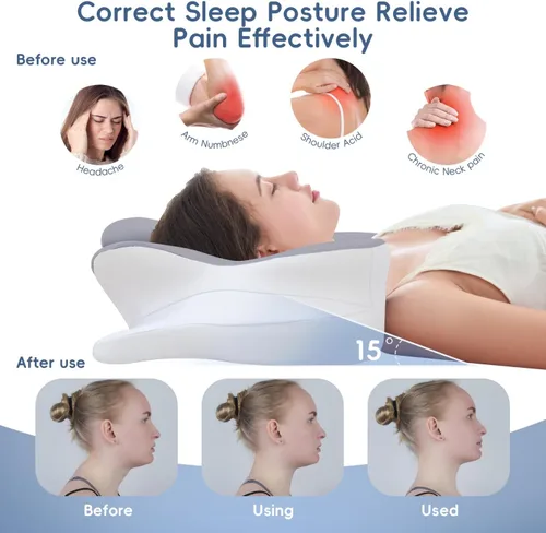 Vista 7 de Almohada cervical para el cuello, almohadas ergonómicas de espuma viscoelástica para aliviar el dolor de cuello con funda de almohada transpirable