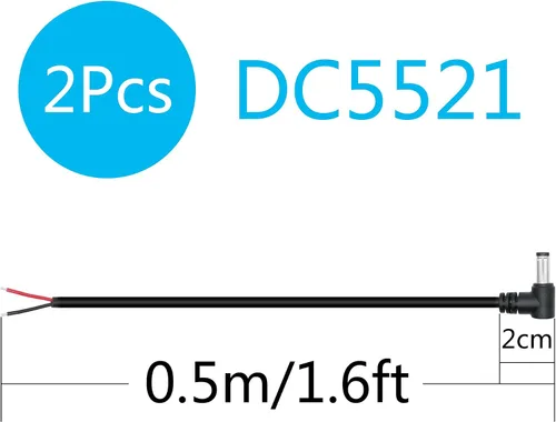 Vista 7 de DC 0.217 in x 0.083 in enchufe macho cable de alimentación coleta 0.5M/1.6 pies, 18AWG ángulo recto de 90 grados DC5521 enchufe macho a 2 pines