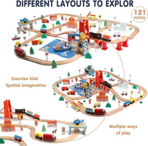 Vista 2 de Qilay Juego de tren de madera de 121 piezas con bolsa de almacenamiento, juego de pista de tren de madera Busy Port City para niños a partir de 3