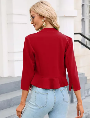 Vista 2 de KOJOOIN Blazer corto para mujer, casual, de negocios, manga 34, sin cuello, frente abierto, chaqueta de trabajo