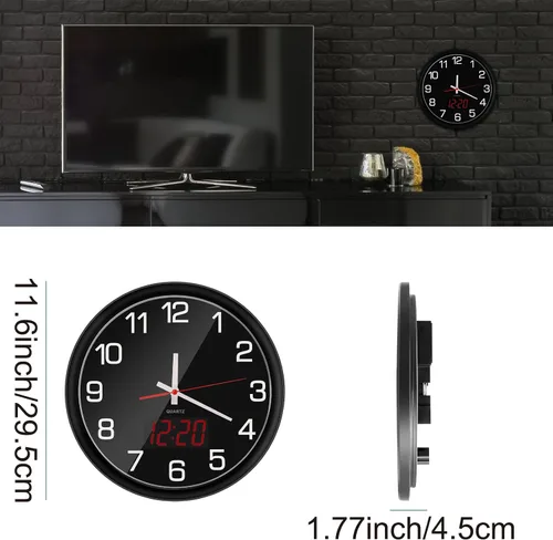 Vista 17 de Reloj de pared analógico de 12 pulgadas, silencioso, sin tictac, reloj de pared grande de cuarzo con LED nocturno, reloj de pared decorativo a