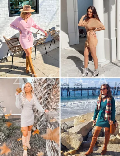 Vista 6 de ZESICA Vestido tipo suéter ajustado con cinturón para mujer, manga larga tipo murciélago, cuello en V, sin espalda, para otoño 2023