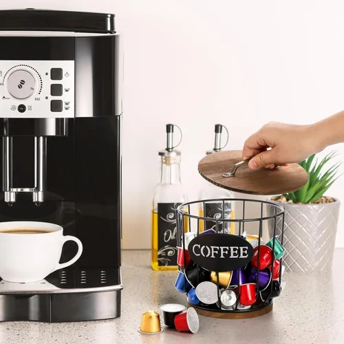 Vista 5 de yarlung Soporte para cápsulas de café con tapa, soporte para tazas K de gran capacidad con base de madera rústica, cesta de almacenamiento de café