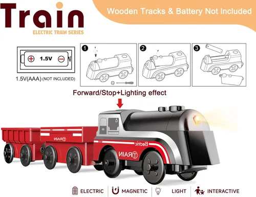 Vista 2 de Tren operado por batería para pista de madera, tren motorizado para niños de 3 años o más, set de juguete de 3 trenes eléctricos compatible