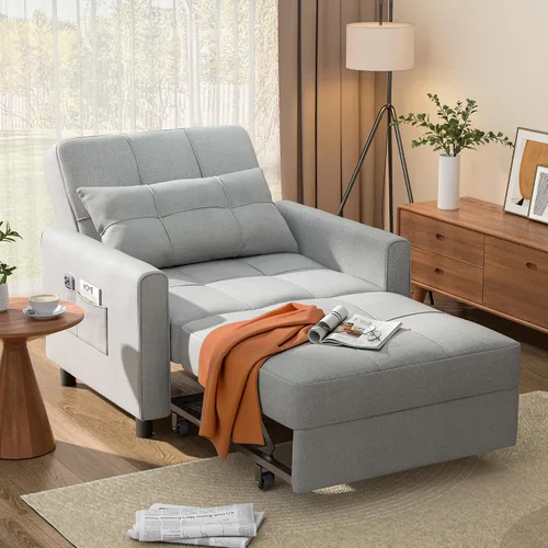 Vista 11 de Aiho - Sofá cama convertible 3 en 1 con diseño ajustable, color beige Respaldo ajustable con cama extraíble, almohada y bolsillo de almacenamiento