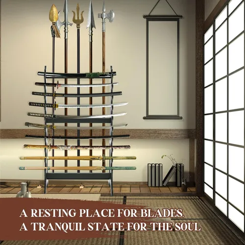 Vista 5 de Leinuosen Estante grande de exhibición de espadas de pie, con capacidad para hasta 10 espadas samurái, soporte de katana de 10 capas con 5 agujeros