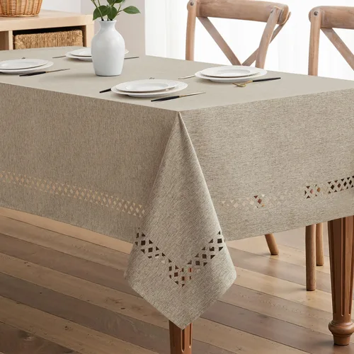 Vista 10 de MIULEE Mantel redondo de poliéster de lino beige con recortes decorativos, impermeable, resistente a las manchas y al encogimiento, 60 x 60