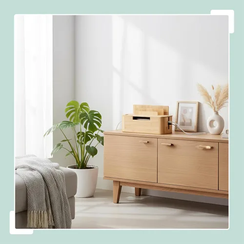 Vista 3 de Relaxdays Caja de cables para 2 regletas de alimentación de bambú, HBT: 6.3 x 11.8 x 5.1 in, soporte para tablet y teléfono celular, color natural