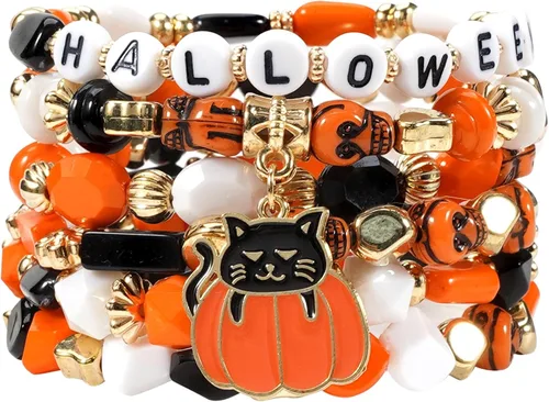 Vista 29 de Ardorchid Pulseras de Halloween para Mujeres Calabaza Fantasma Esqueleto Murciélago Calavera con Cuentas Apilables Elásticas Rugby Acción de Gracias