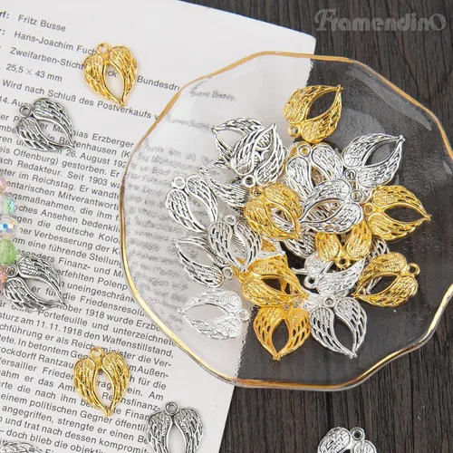 Vista 9 de Framendino, Dijes de alas de ángel con alas de oro, dije de alas de metal para pulseras, collares, aretes, suministros de fabricación de joyas de 3